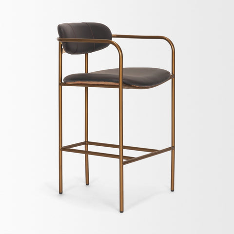 Bar stool with black leather seat and bronze metal frame on a white background