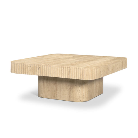 Wooden coffee table with a ribbed surface on a white background