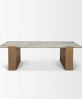 Dining table with wooden legs and a stone-like top on a white background