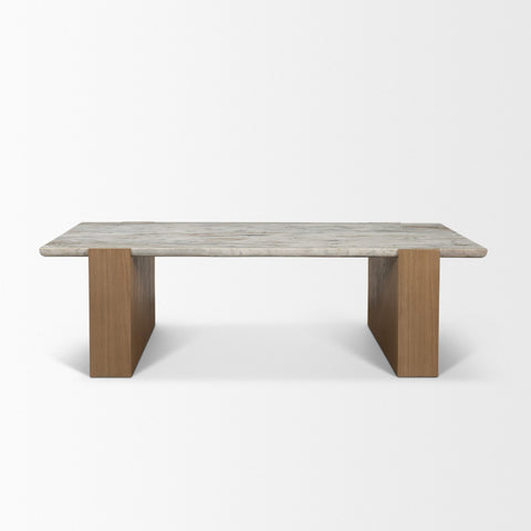 Dining table with wooden legs and a stone-like top on a white background