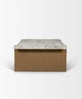Coffee table with marble top and wooden base on a white background