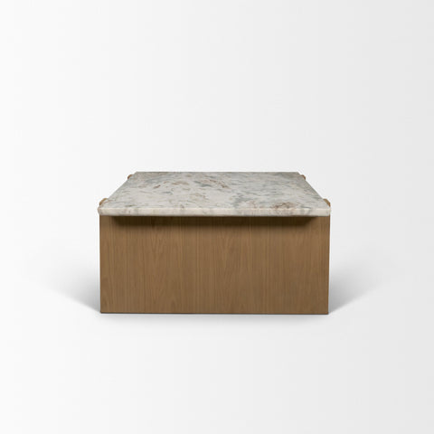 Coffee table with marble top and wooden base on a white background