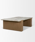 Coffee table with marble top and wooden base on a white background
