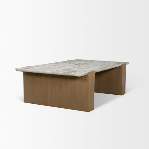 Coffee table with marble top and wooden base on a white background