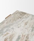 Close-up of a marble surface with beige and gray patterns on a white background