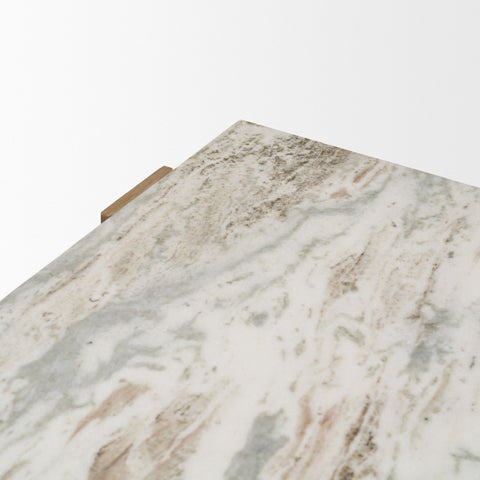 Close-up of a marble surface with beige and gray patterns on a white background