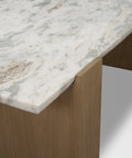 Close-up of a marble countertop with wooden base