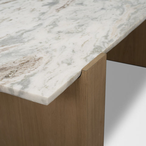 Close-up of a marble countertop with wooden base