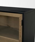 Black and wood cabinet corner on a white background