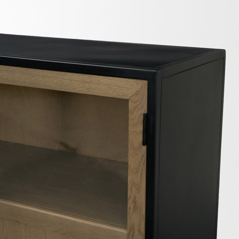 Black and wood cabinet corner on a white background