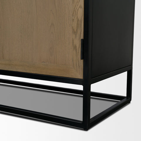 Wooden cabinet with black metal frame on a gray background