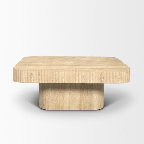 Square wooden coffee table with a textured surface on a white background