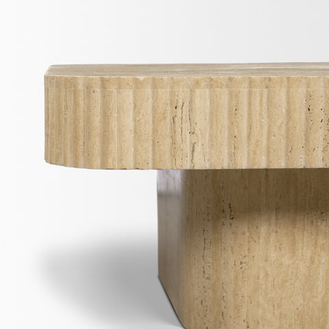 Beige stone table with a white background