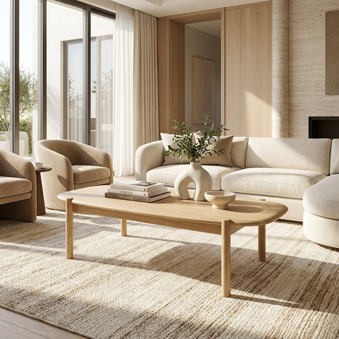 Modern living room with a white sofa, wooden coffee table, and armchairs.