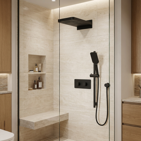 INABOX04 Electro Black 3-Way Shared Thermostatic Shower Kit with Dual-Function Aquasheet Rainhead - Aquabrass