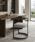 Modern dining table with a chair in a stylish room with large windows.