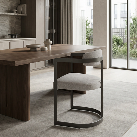 Modern dining table with a chair in a stylish room with large windows.