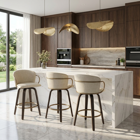 Modern kitchen with marble island, bar stools, and wooden cabinets.