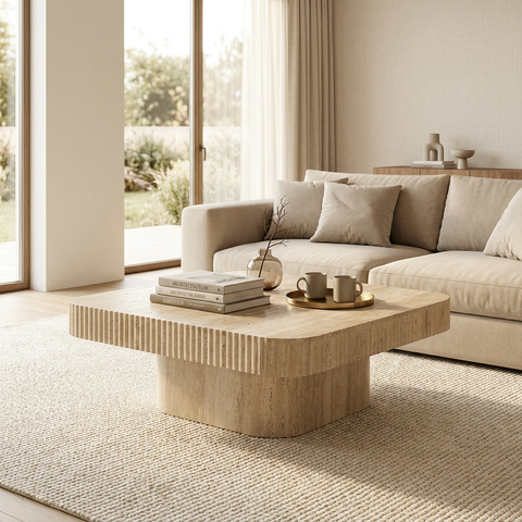 Modern living room with a beige sofa and wooden coffee table.