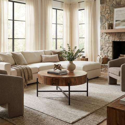 Cozy living room with a stone fireplace, beige sofa, and wooden coffee table.