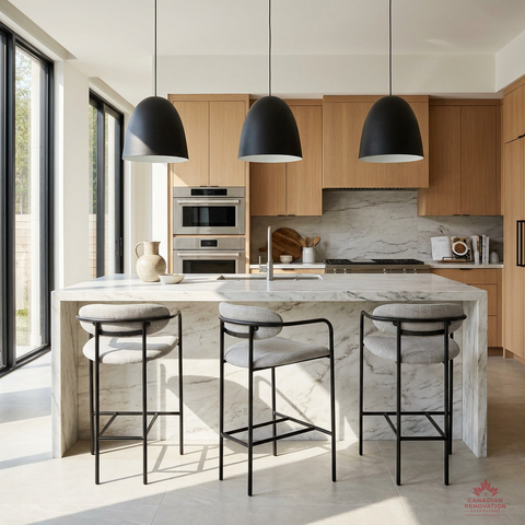 Modern kitchen with marble island, wooden cabinets, and black pendant lights.
