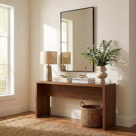 Wooden console table with decor items in a room with a large mirror and window.