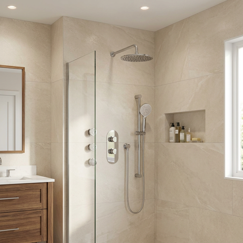 ShowerBox03G Polished Chrome 3-Way Non-Shared Thermostatic Shower Kit with 3 Body Jets - Aquabrass