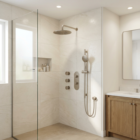 ShowerBox03 Brushed Nickel 3-Way Shared Thermostatic Shower Kit with 3 Body Jets - Aquabrass