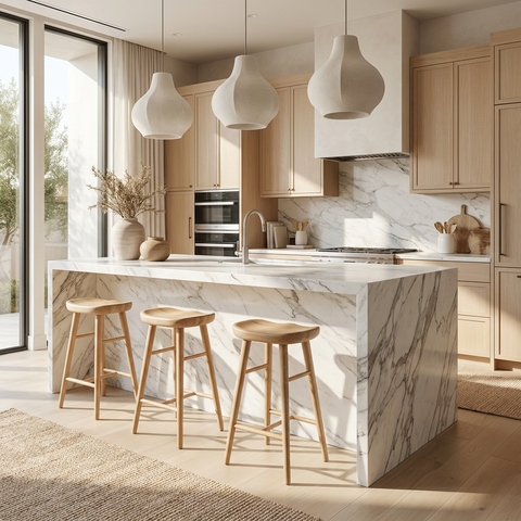 Modern kitchen with marble island, wooden stools, and natural light