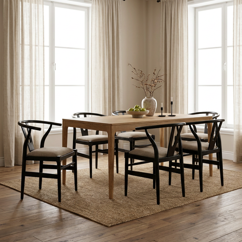 Dining room with wooden table and chairs in a well-lit room.