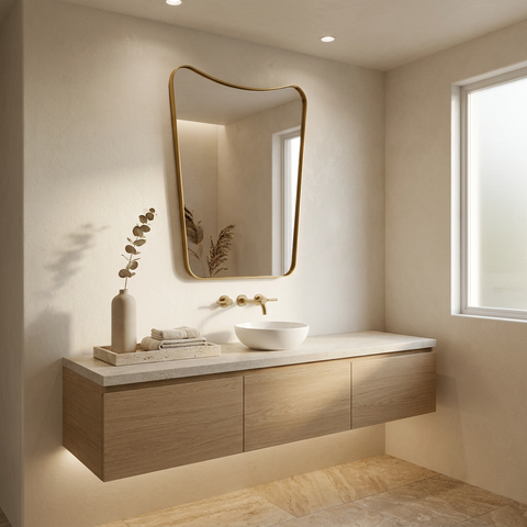 Modern bathroom with a floating wooden vanity, sink, and decorative mirror.