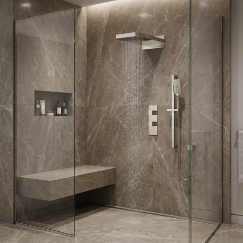 MiamiBox04 Polished Nickel 3-Way Shared Thermostatic Shower Kit with Dual-Function Aquasheet Rainhead - Aquabrass