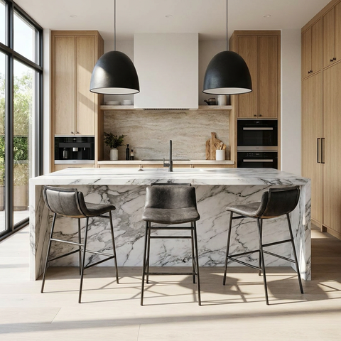 Modern kitchen with marble island and bar stools