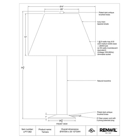 Tamara - Table Lamp Renwil