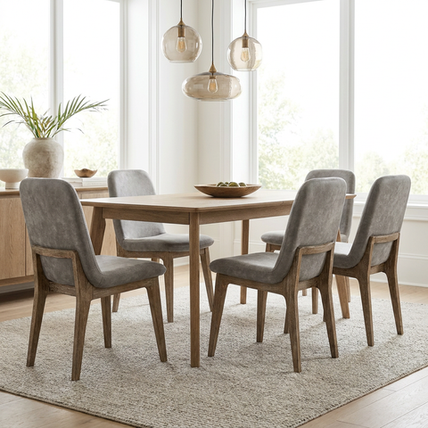 Dining room with wooden table and gray chairs in a bright room.