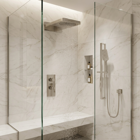 MiamiBox04G Polished Nickel 3-Way Non-Shared Thermostatic Shower Kit with Dual-Function Aquasheet Rainhead - Aquabrass