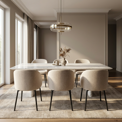 Modern dining room with a marble table and beige chairs.