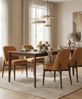 Dining room with wooden table and chairs, large windows, and abstract art on the wall.