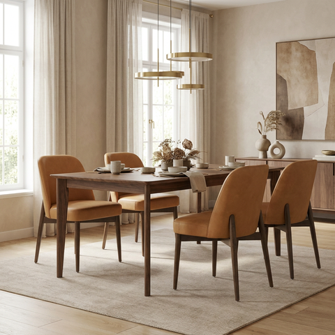 Dining room with wooden table and chairs, large windows, and abstract art on the wall.