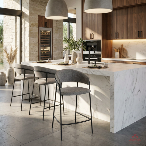 Modern kitchen with marble island and gray bar stools