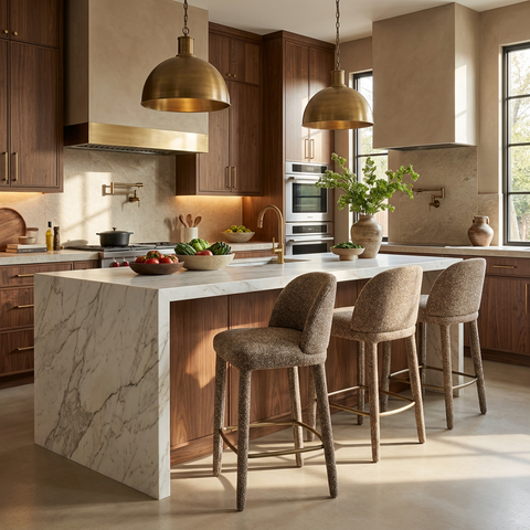 Modern kitchen with marble island, wooden cabinets, and brass pendant lights.