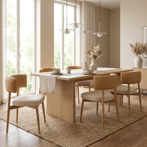 Dining room with wooden table and chairs in a bright room.
