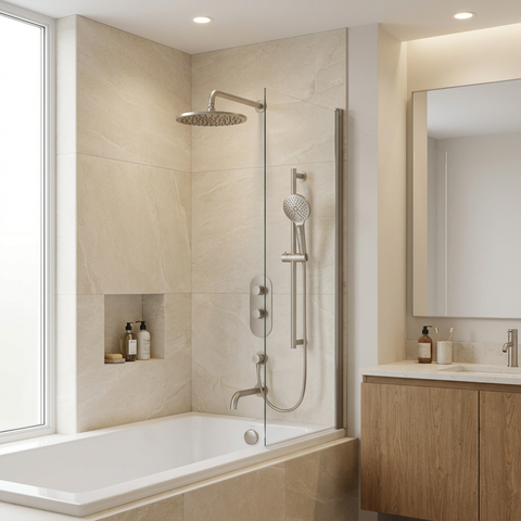 ShowerBox02 Brushed Nickel 3-Way Non-Shared Thermostatic Tub and Shower Kit with 12-Inch Rainhead - Aquabrass