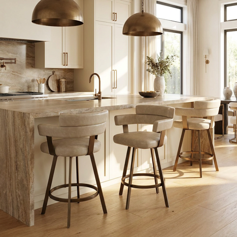 Modern kitchen with marble island and bar stools
