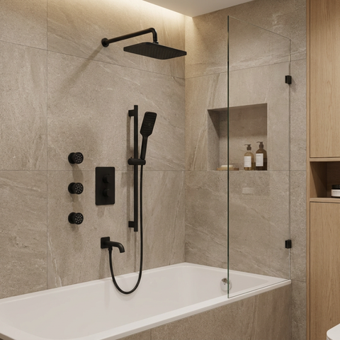 INABOX03 Electro Black 3-Way Shared Thermostatic Shower Kit with Rectangular Rainhead and 3 Body Jets - Aquabrass