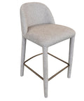 Gray upholstered bar stool with a metal frame on a white background