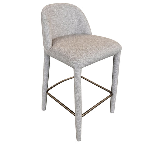 Gray upholstered bar stool with a metal frame on a white background