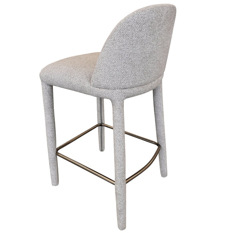 Gray bar stool with a textured seat and backrest on a white background