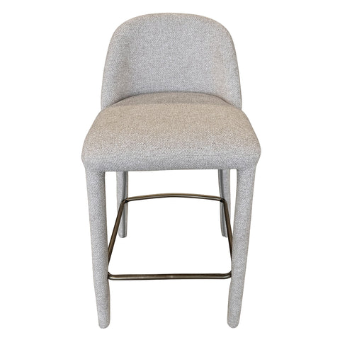 Gray upholstered bar stool with metal legs on a white background