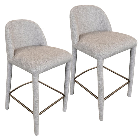 Two gray bar stools with metal legs on a white background